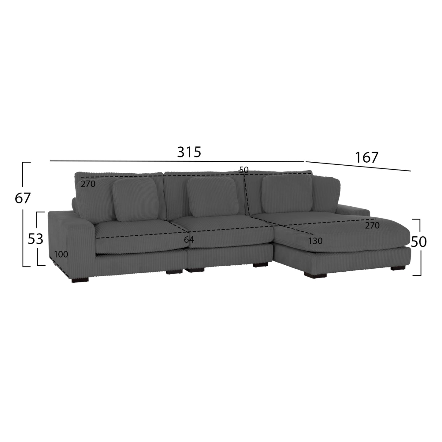 Corner Sofa Right Cranfield Hm3287.01r Grey Cord Fabric 315x167(corner)x67hcm.