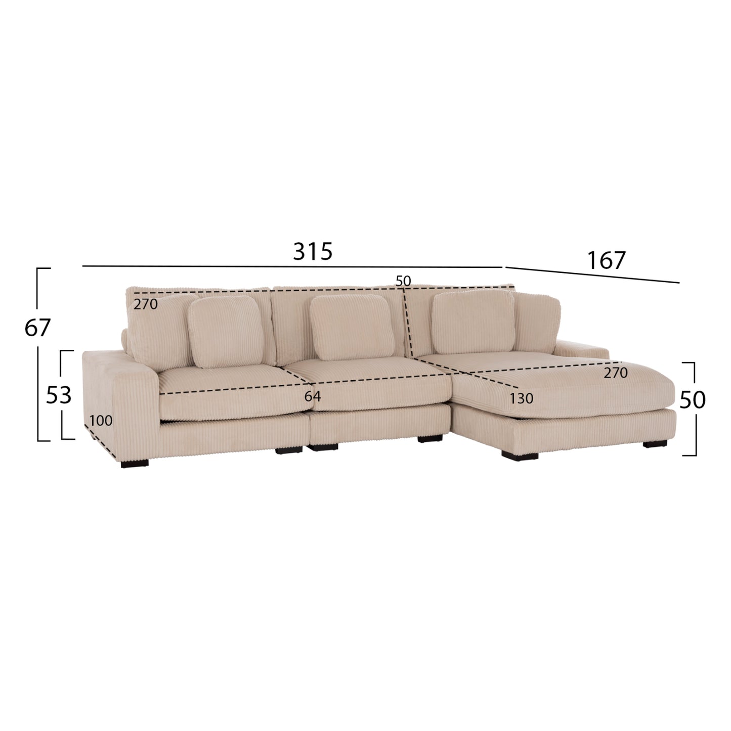 Corner Sofa Right Cranfield Hm3287.02r Beige Cord Fabric 315x167(corner)x67hcm.