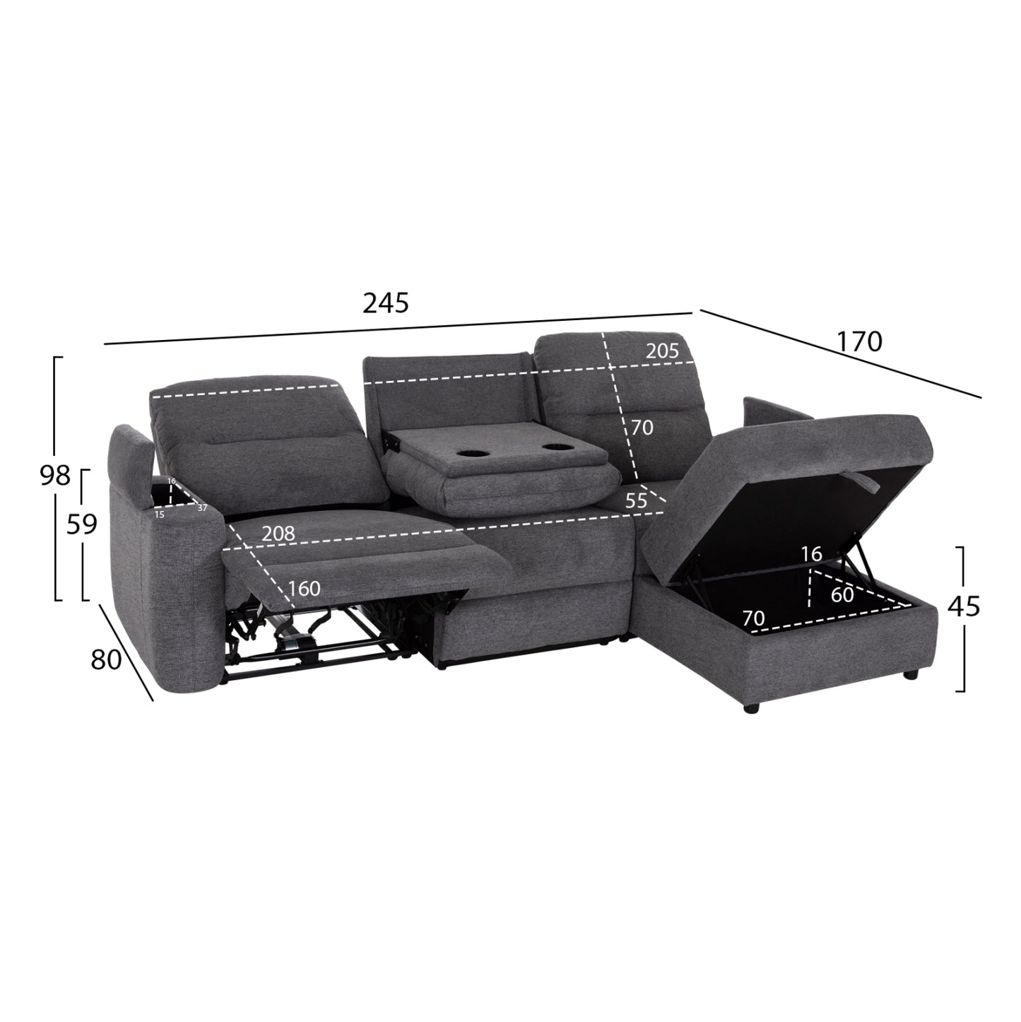 Right Corner Sofa Synthia Hm3308.03r Recline & Storage Space--grey Fabric 245x170x98hcm.