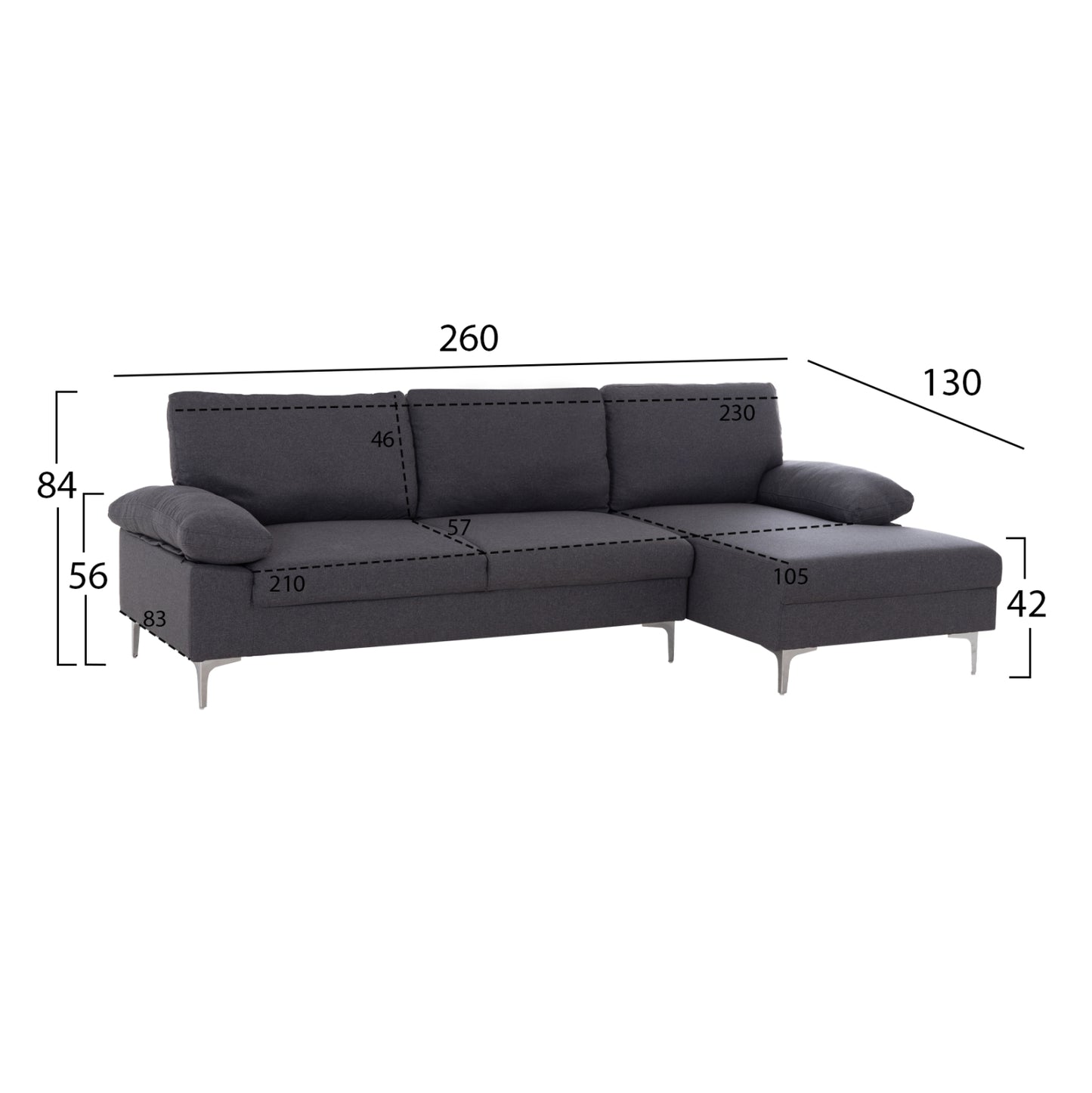 Sofa Right Corner Anton Hm3340.01r Grey Fabric--metal Legs 260x130x84hcm