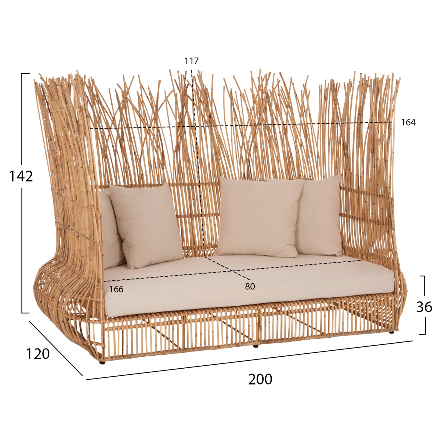 Sofa Outdoors Zephyr Hm5988 Rattan Canes In Natural-cushion Set In Beige 200x120x142hcm.
