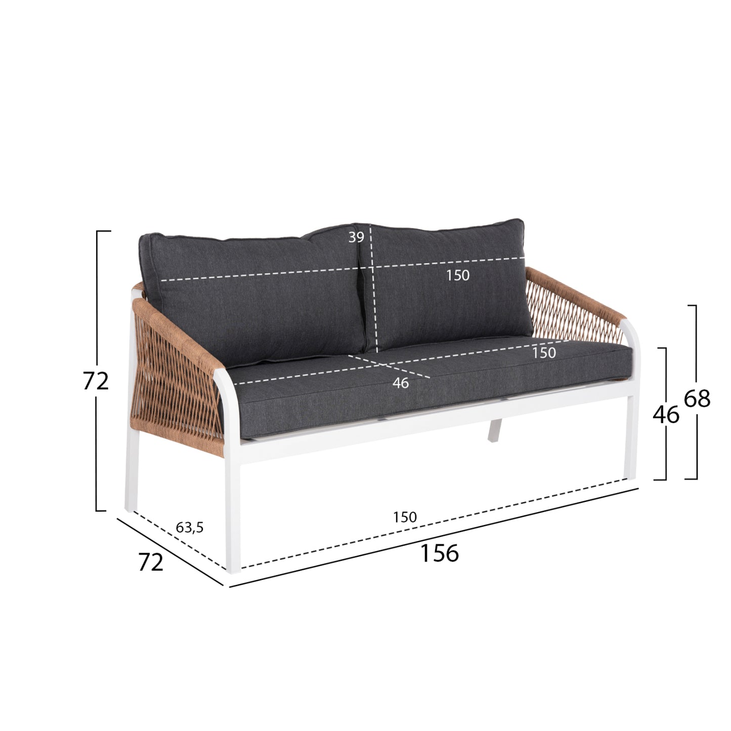 Outdoor Sofa 3-seater Maerly Hm6055.01 Aluminum In White-dark Beige Synthetic Rope-anthracite Cushions