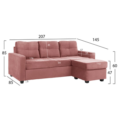 Sofa Corner Reversible Fabric Velvet Dusty Pink 207x145x85y Cm. Hm3004.12