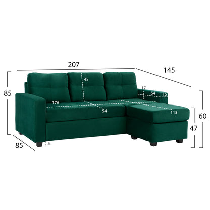 Corner Sofa Reversible Velvet Fabric Cypress Green Color 207x145x85 Hm3004.13