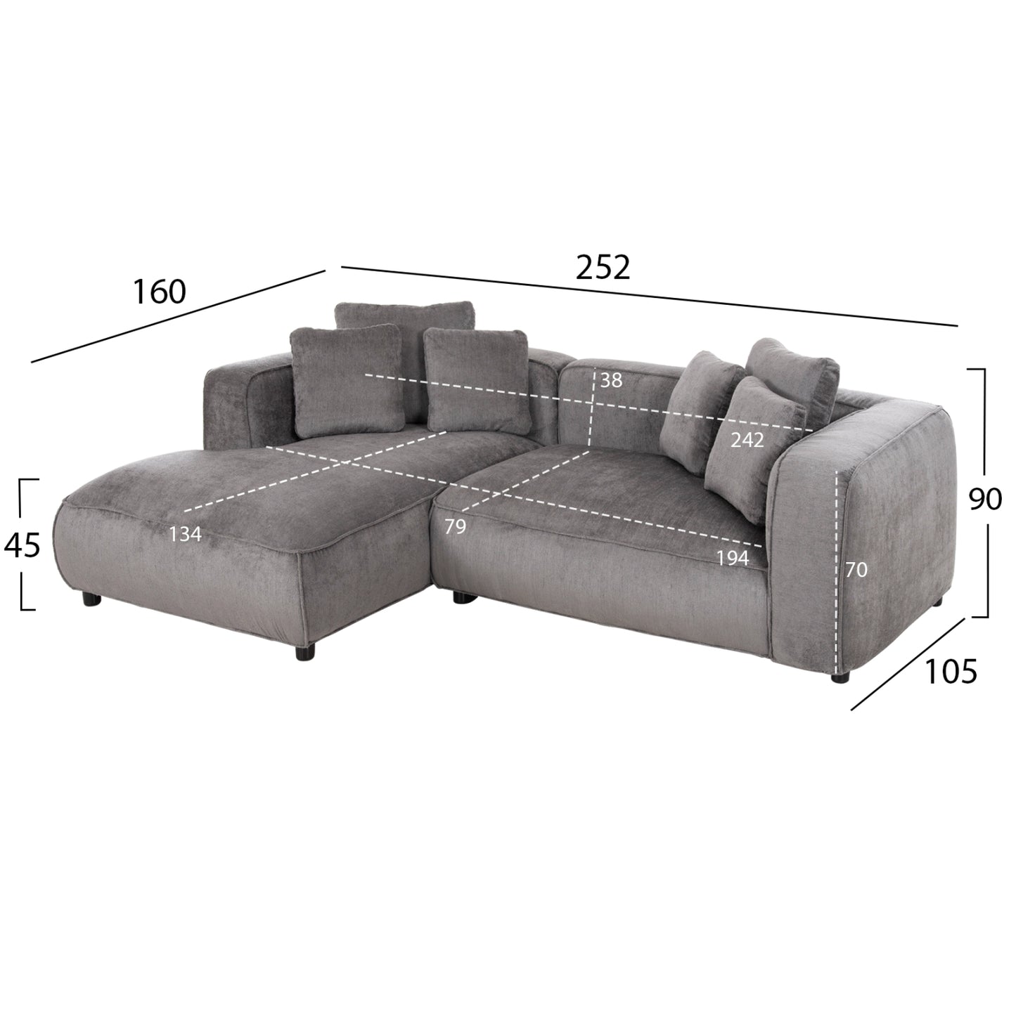 Corner Sofa (left) 3-seater Grace Hm3280.03l Grey Fabric 252x105-160x70-90hcm.