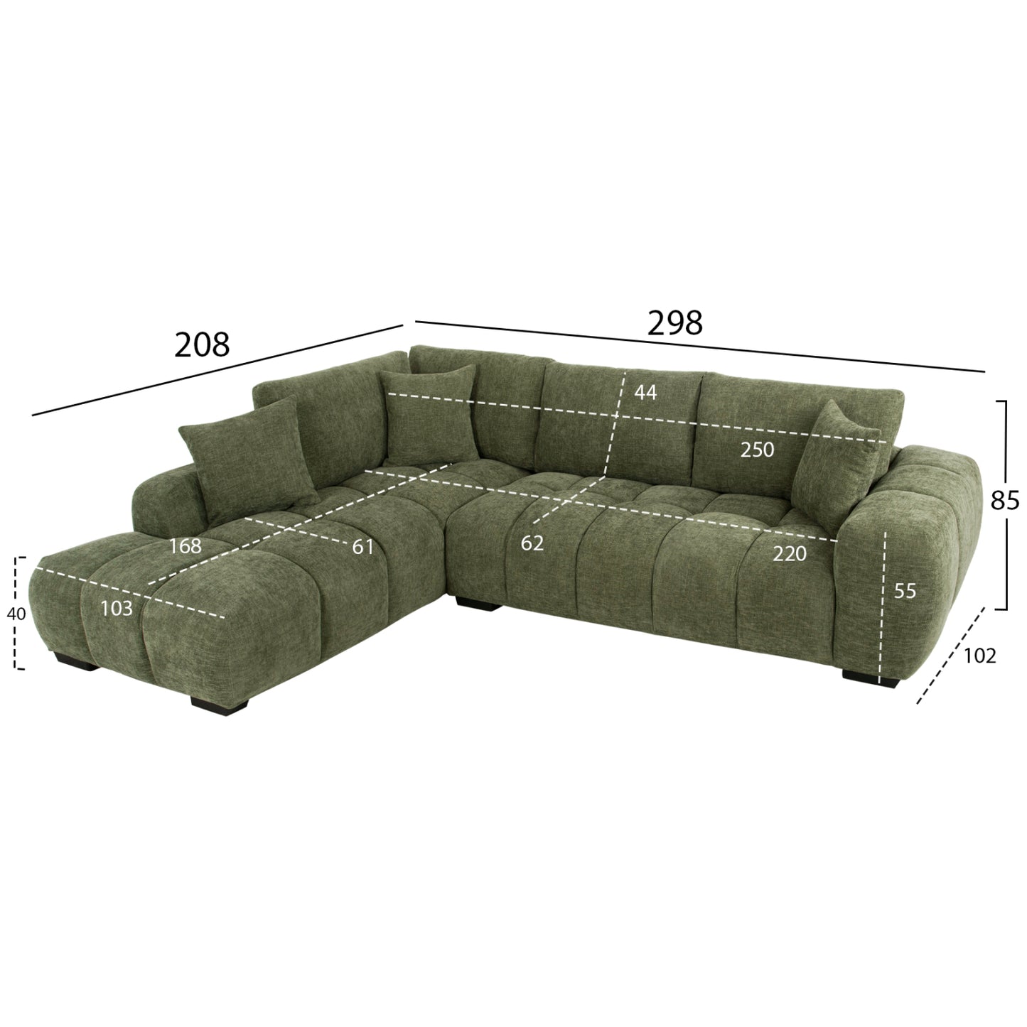 Corner Sofa (left) Coven Hm3266.14l Green Fabric 298x102-208x85hcm.
