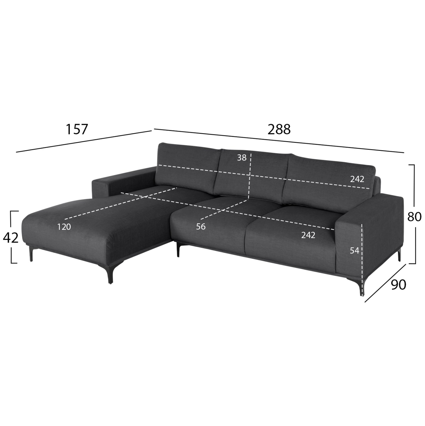 Corner Sofa (left) Noa Hm3278.02l Anthracite Fabric 288x90-157x67-80hcm.