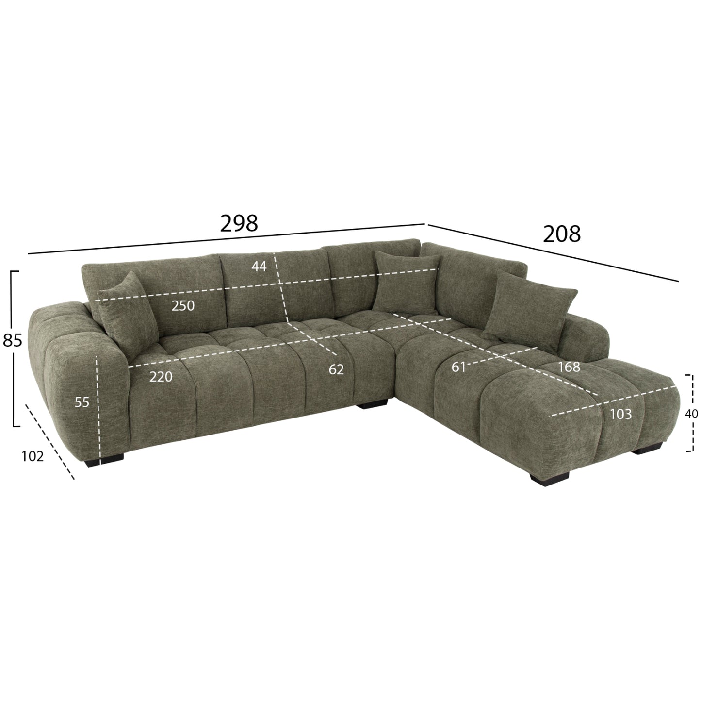 Corner Sofa (right) Coven Hm3266.04r Green Fabric 298x102-208x85hcm.