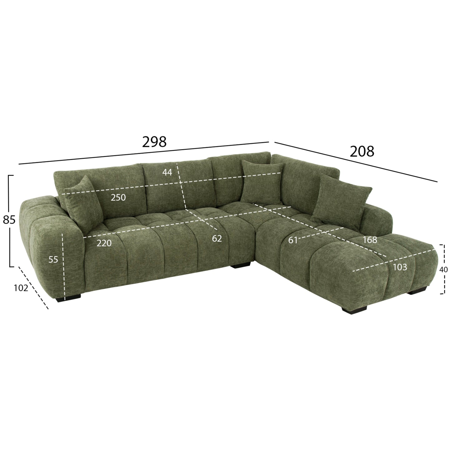 Corner Sofa (right) Coven Hm3266.14r Green Fabric 298x102-208x85hcm.