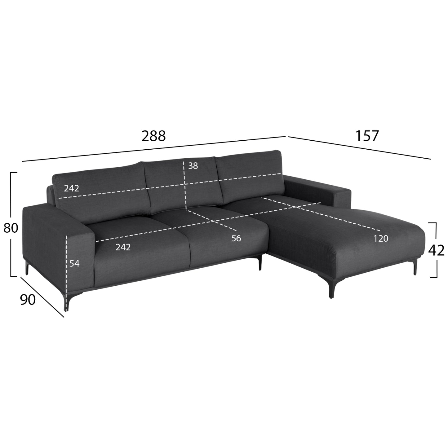 Corner Sofa (right) Noa Hm3278.02r Anthracite Fabric 288x90-157x67-80hcm.