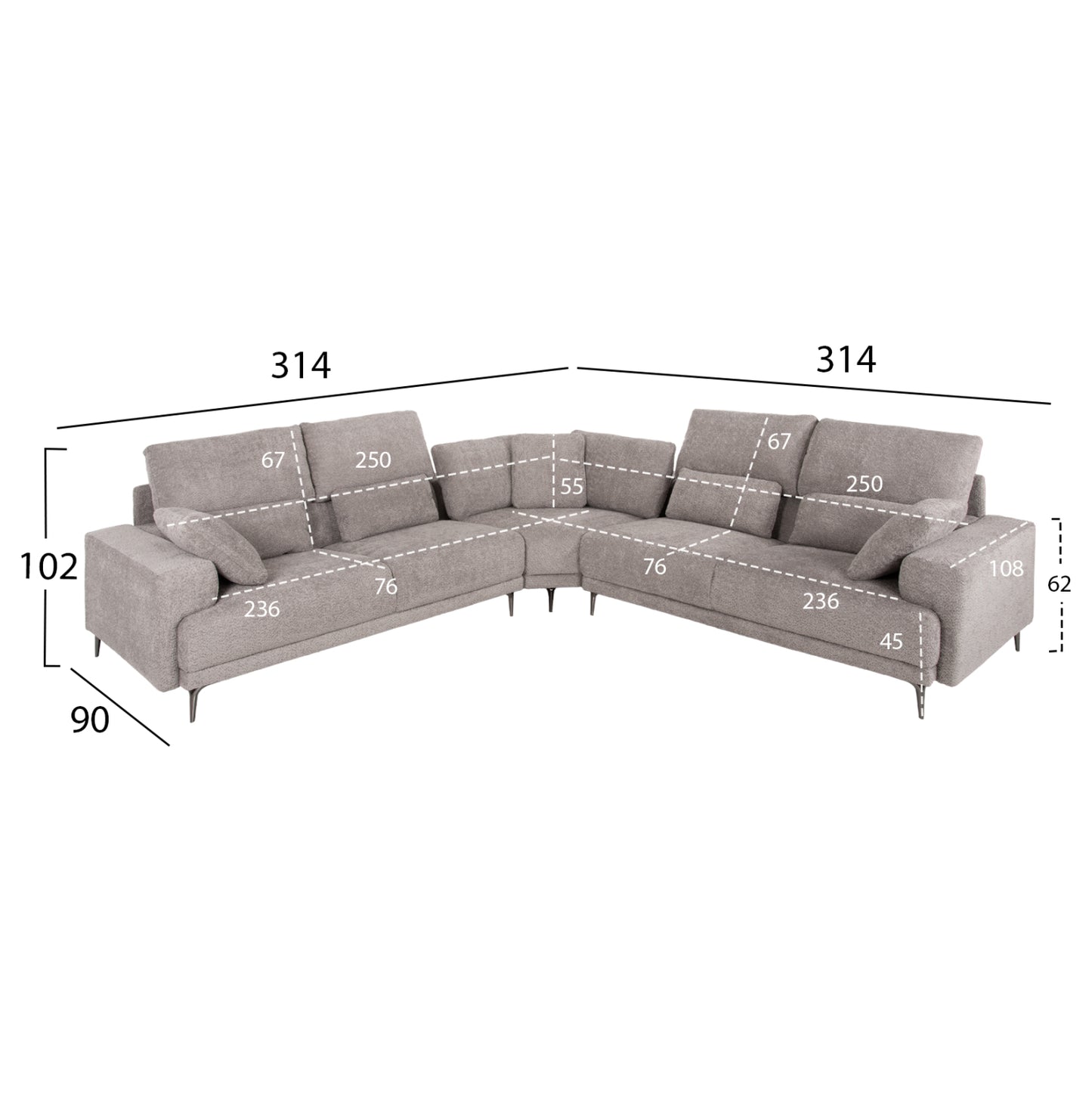 Corner Sofa Symmet Hm3269.01 Light Gray Fabric-glossy Anthracite Legs 314x314x90-102hcm.