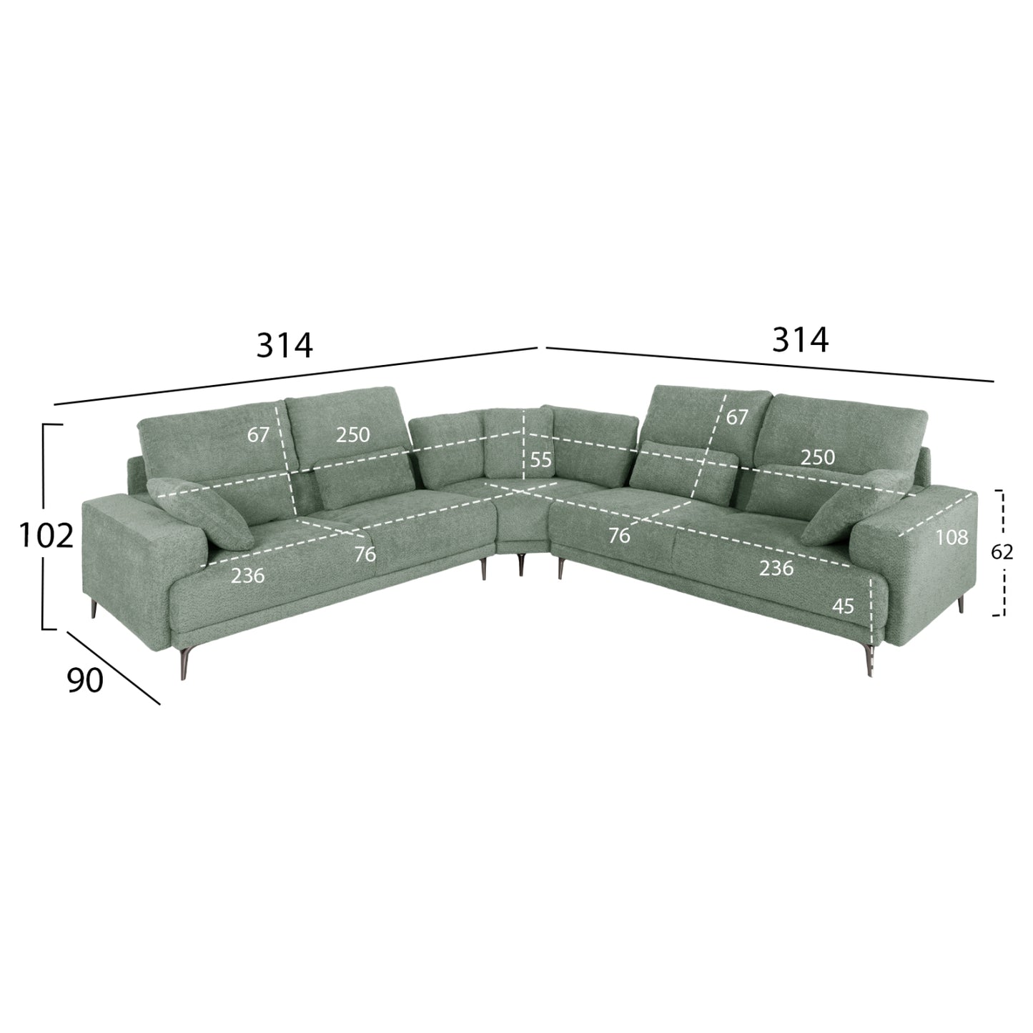 Corner Sofa Symmet Hm3269.06 Mint Fabric-glossy Anthracite Legs 314x314x90-102hcm.
