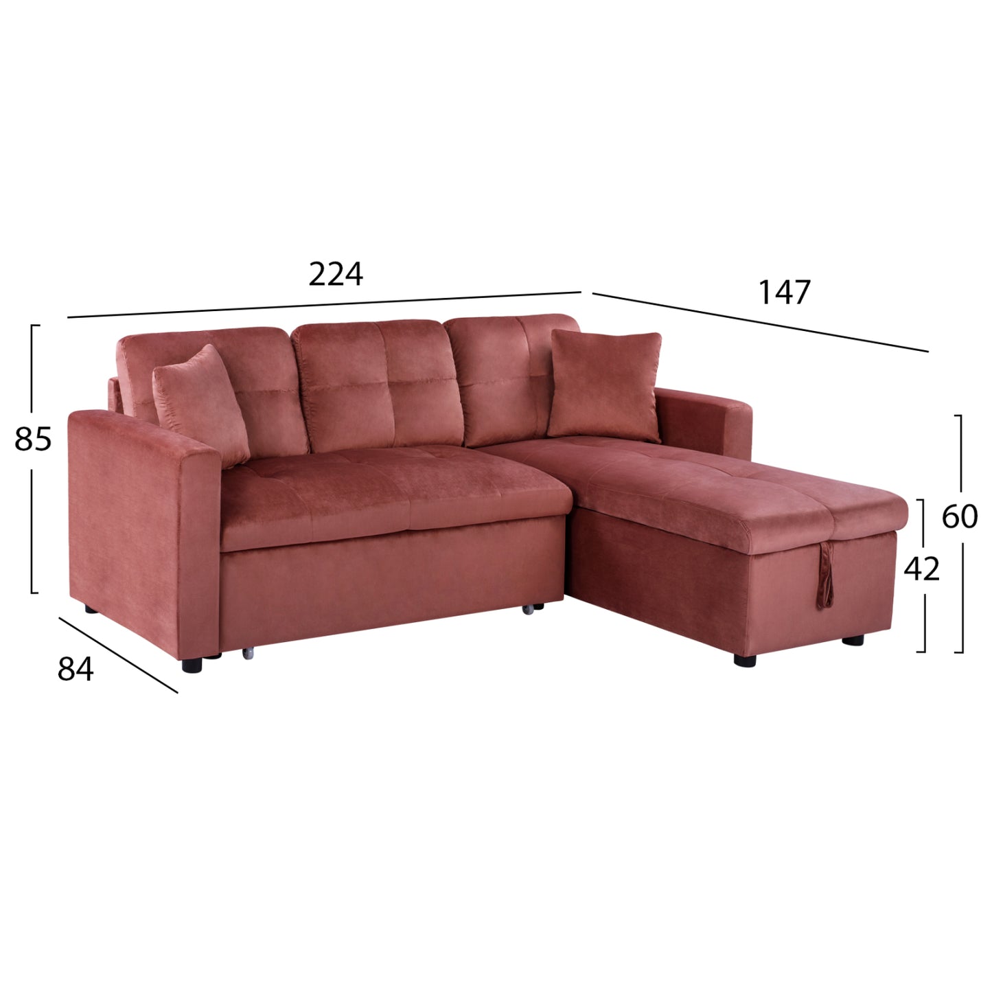 Corner Sofa Bed Velvet Dusty Pink Wayne 224x147x85cm. Hm3028.12