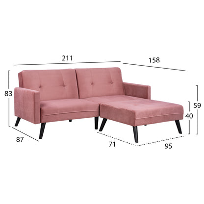 Corner Sofa Bed Velvet Dusty Pink With Footrest 211x158x83y Cm.hm3151.02