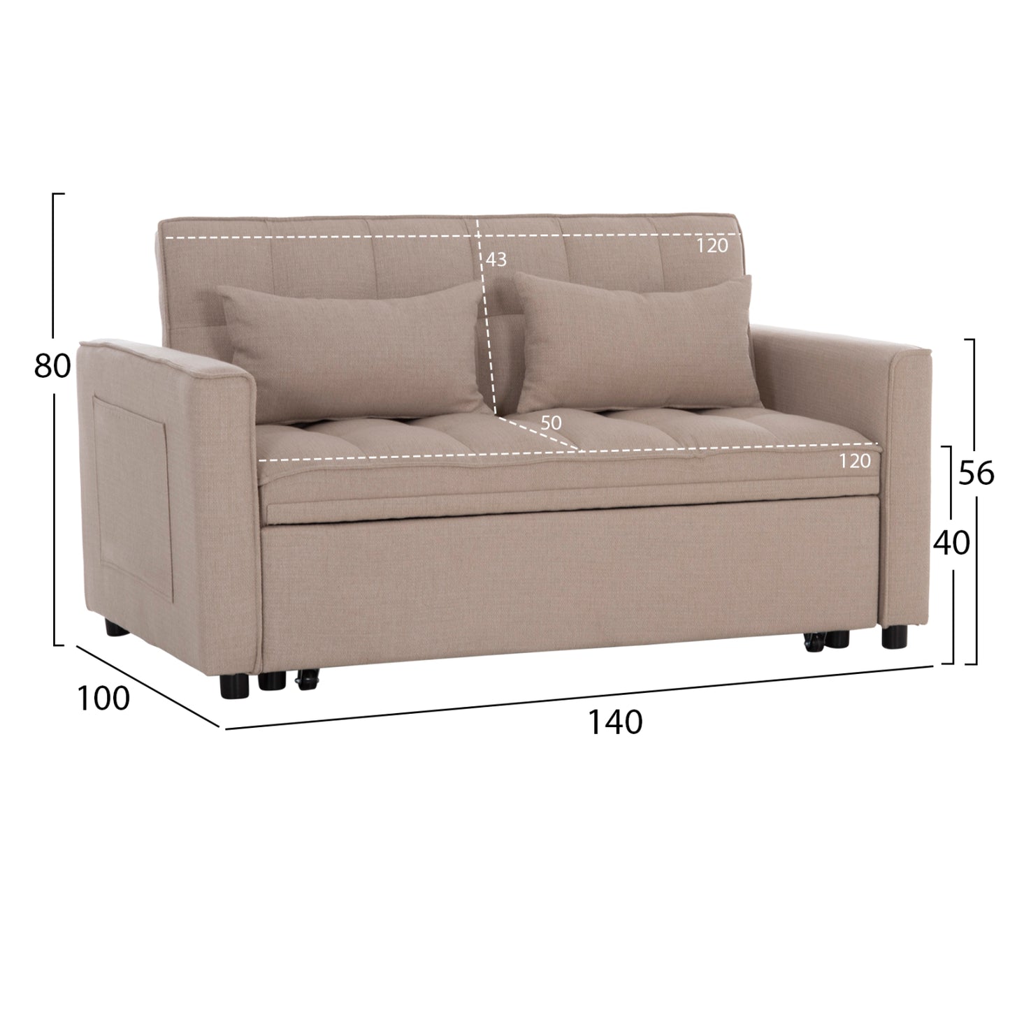 Sofa Bed 2-seater Borg Hm3289.03 Beige Fabric 140x100x80hcm.