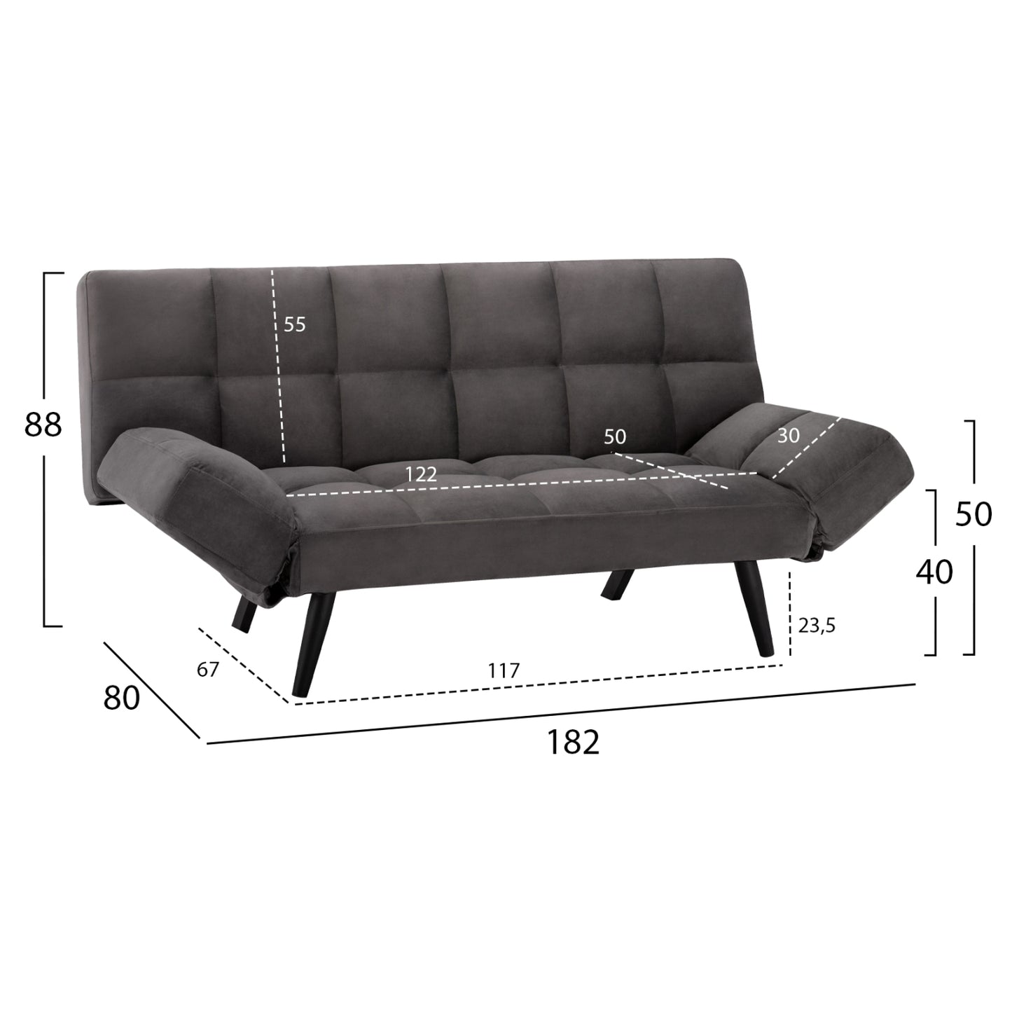Sofa Bed 3 Seater From Velvet Grey Hm3167.01 182x80x88cm