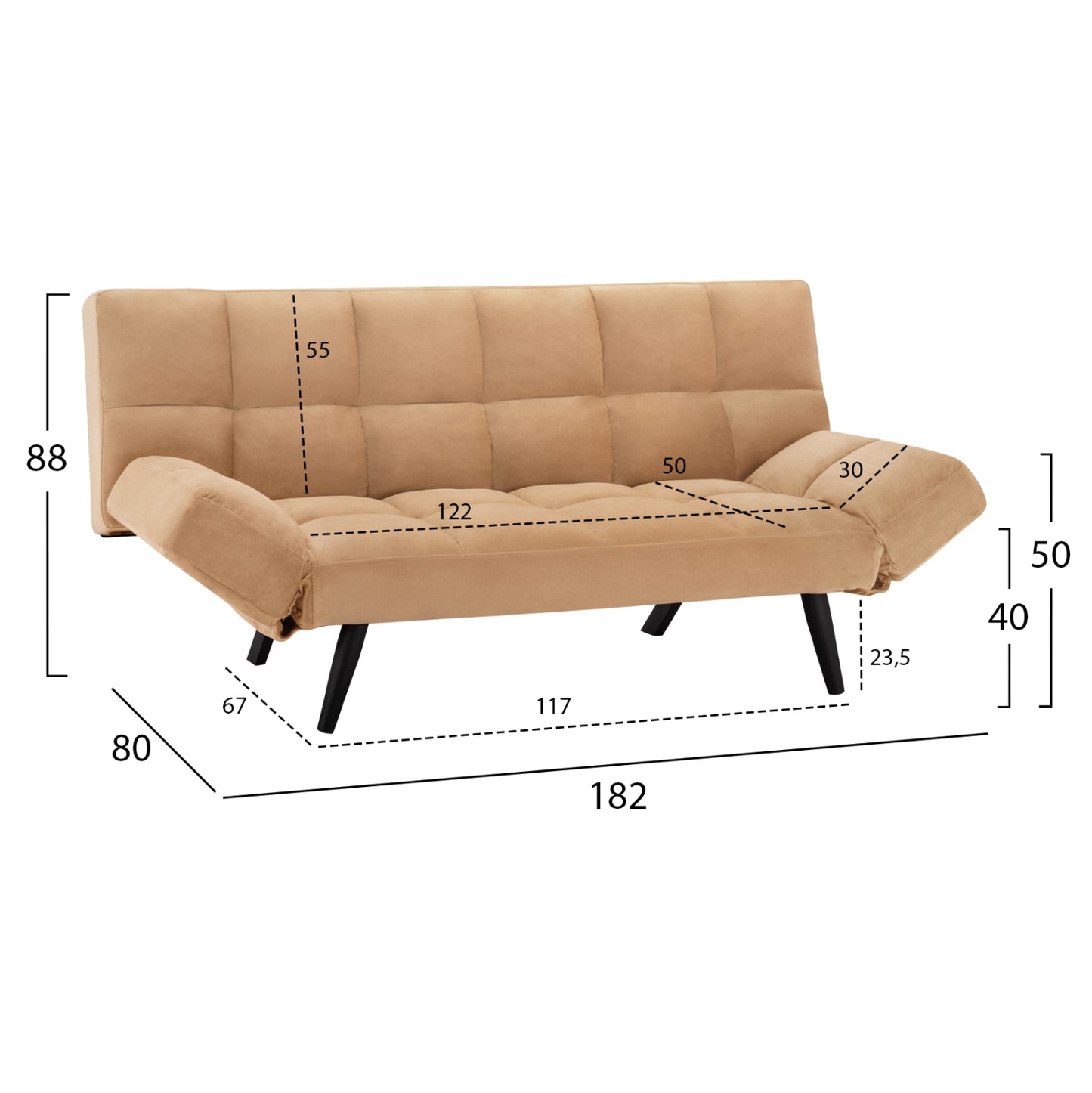 Sofa Bed 3 Seater Velvet Beige Hm3167.07 182x80x88cm