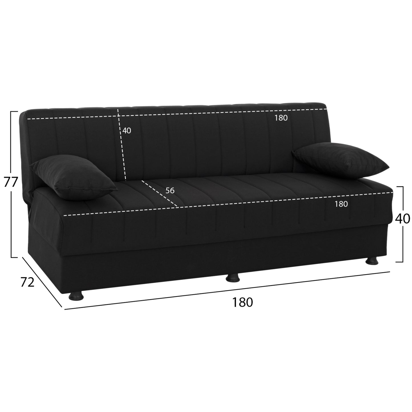 Hm3239.01 Andri Three-seater Sofa-bed, Black Fabric, Short Legs, Without Arms