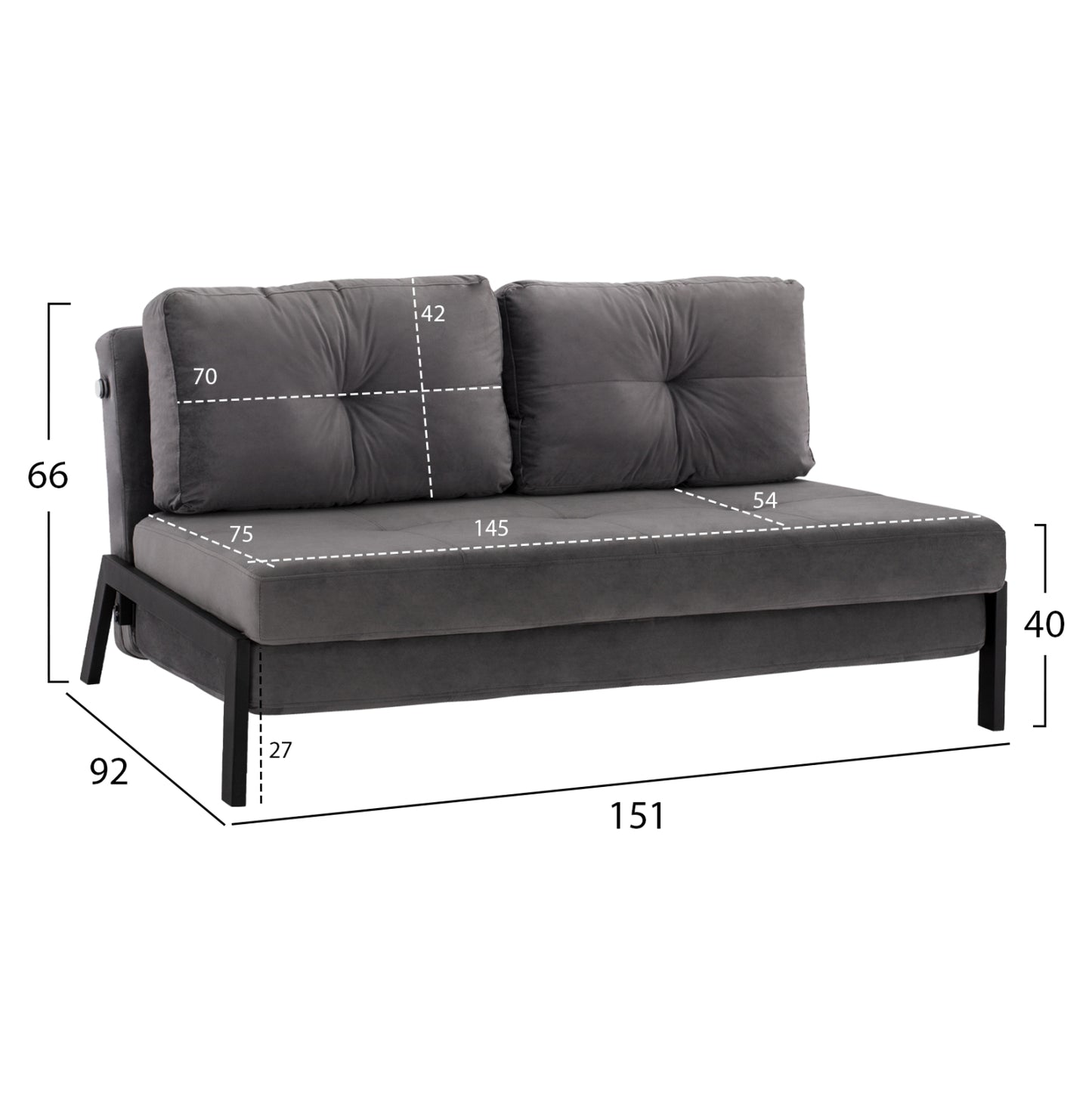 Sofa Bed Velvet Grey 2 1/2 Seater Hm3079.11 151x92x66cm