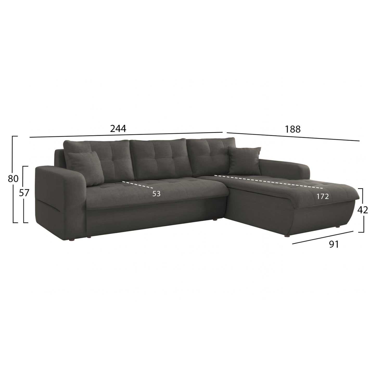 Corner Sofabed Right Kanso Hm3338.01r Grey Fabric 244x188x80hcm.