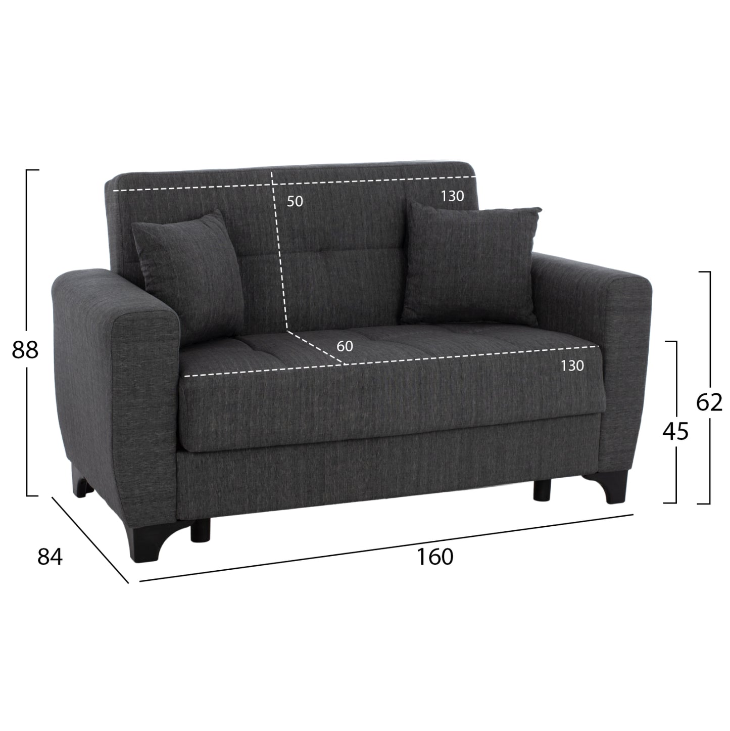Hm3243.03 2-seater Sofa-bed, Tall Back, Grey, 160x84x88cm