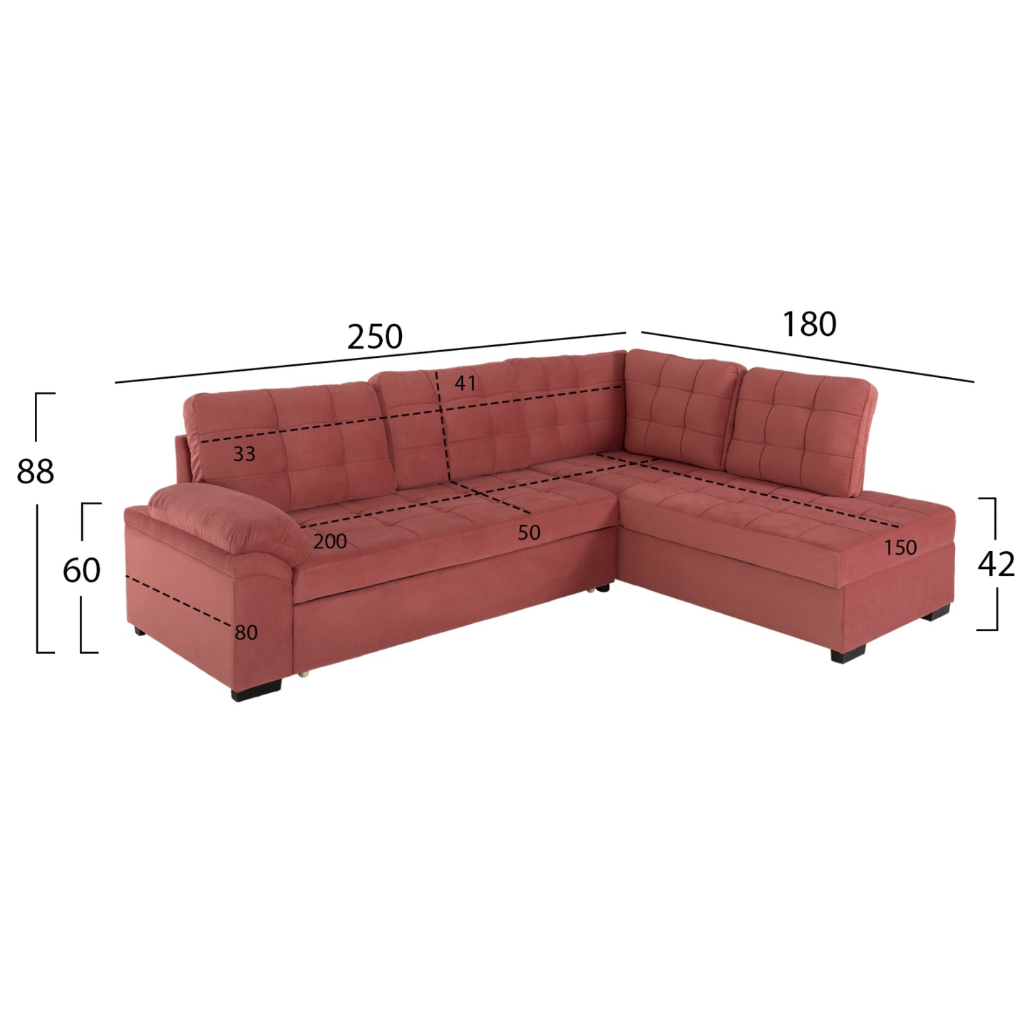 Sofabed Right Corner Jade Hm3144.03r Dusty Pink Velvet 250x80-180x73-88hcm.
