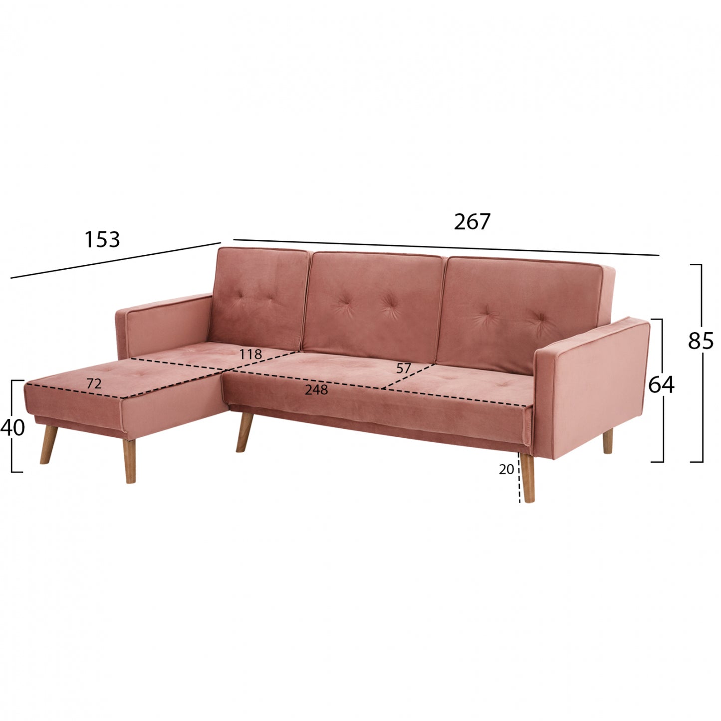 Reversible Corner Sofa Talia Hm3153.02 Velvet In Dusty Pink 267x153x85cm.