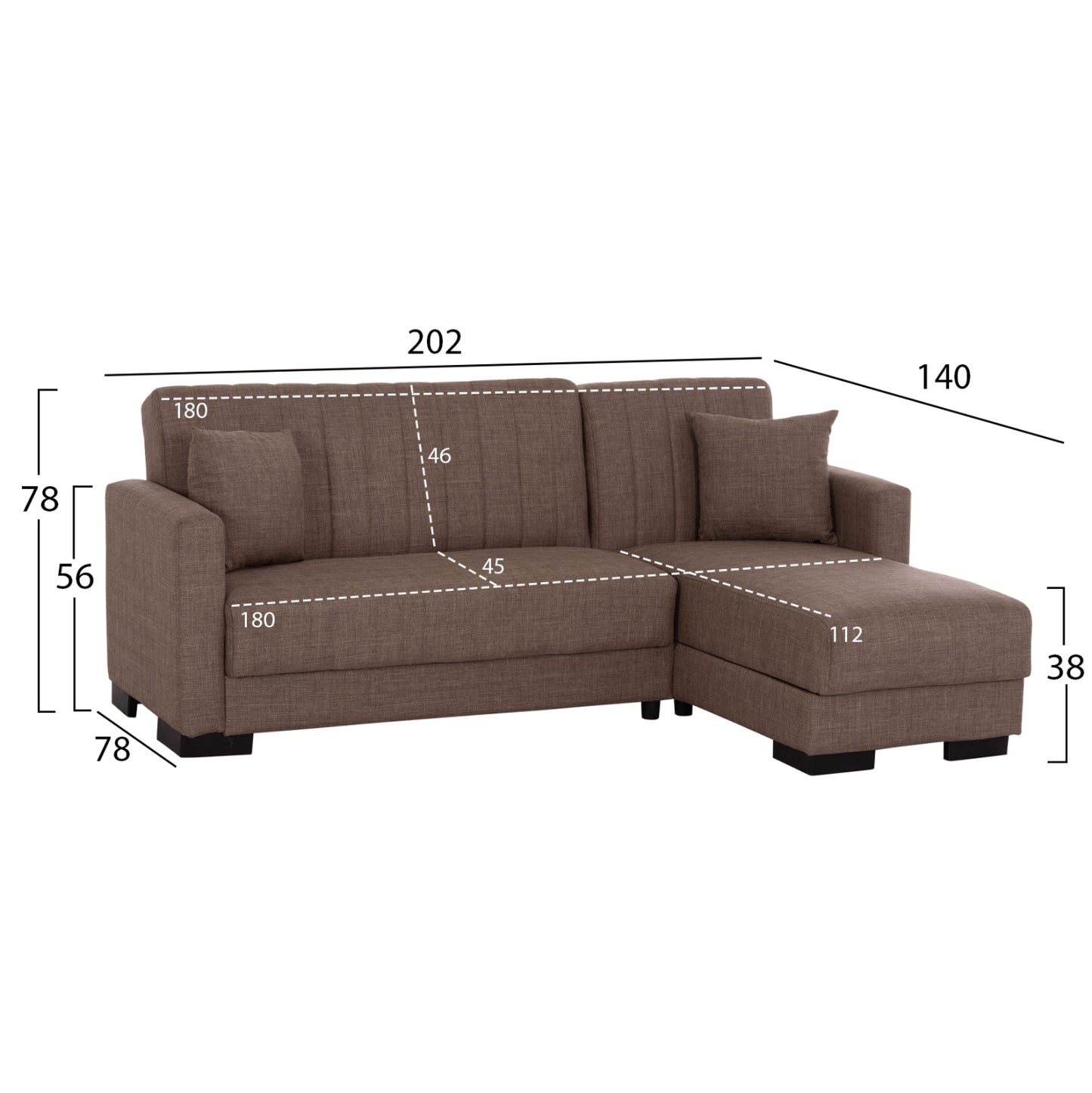 Hm3244.02, Corner Sofa-bed, Reversible, Brown, 202x140x78h
