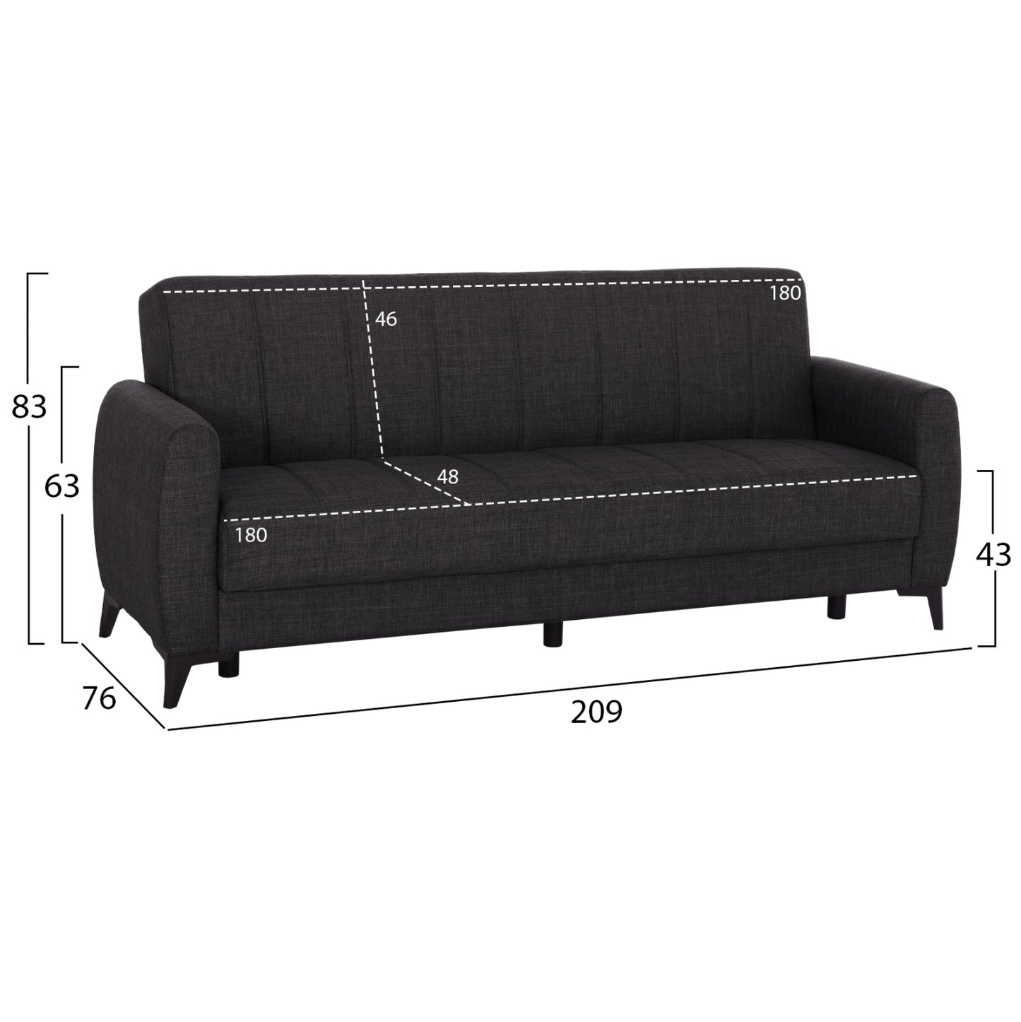 Sofa-bed 3-seater With Storage Space Nikko Hm3292.01 Grey Fabric 209x76x83hcm.
