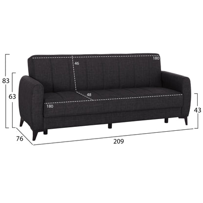 Sofa-bed 3-seater With Storage Space Nikko Hm3292.01 Grey Fabric 209x76x83hcm.