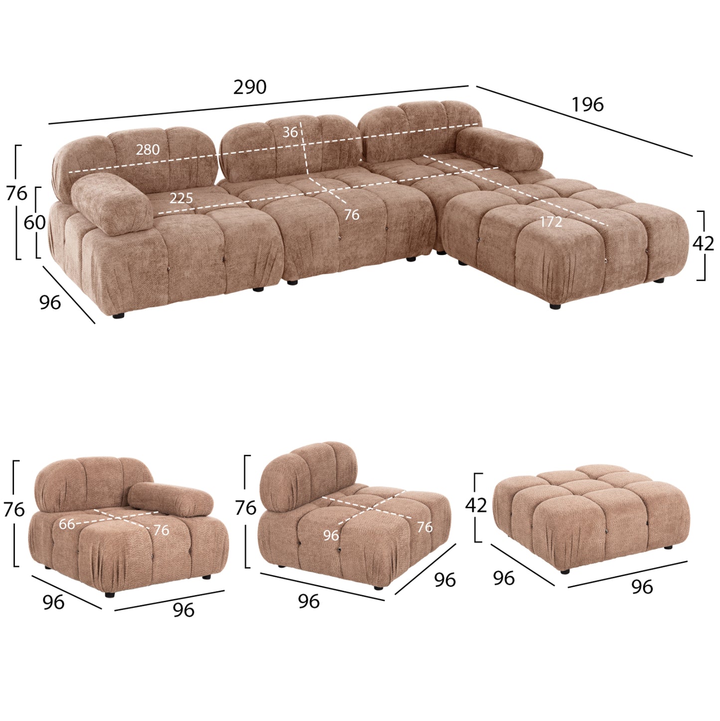 Polymorphic Sofa Shifter Hm6073.01 Textured Fabric In Light Brown Color 290x196x76hcm.
