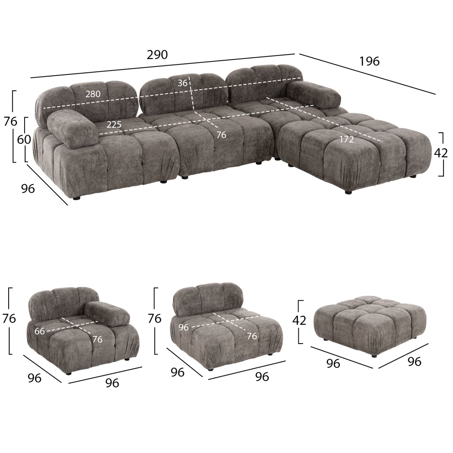 Polymorphic Sofa Shifter Hm6073.02 Textured Fabric In Grey Color 290x196x76hcm.
