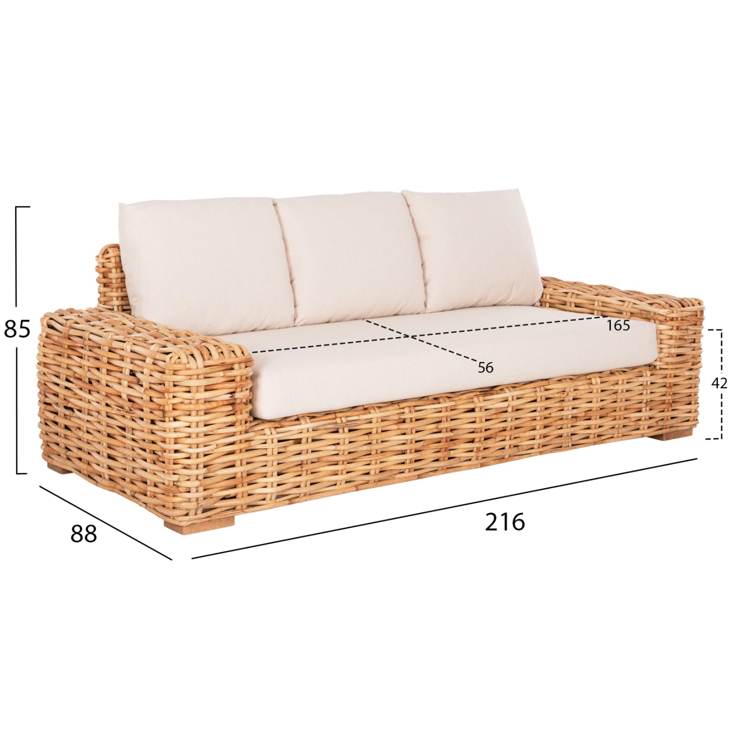 Outdoor Sofa 3-seater Tropel Hm9808 Mango Wood-rattan Natural Color-white Cushions 216x88x70-85hcm.
