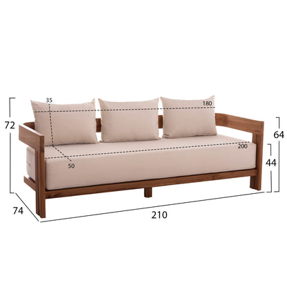 Sofa 3-seater Series Kioto ΗΜ6382 Teak Wood In Natural--beige Cushions 210x74x72hcm.