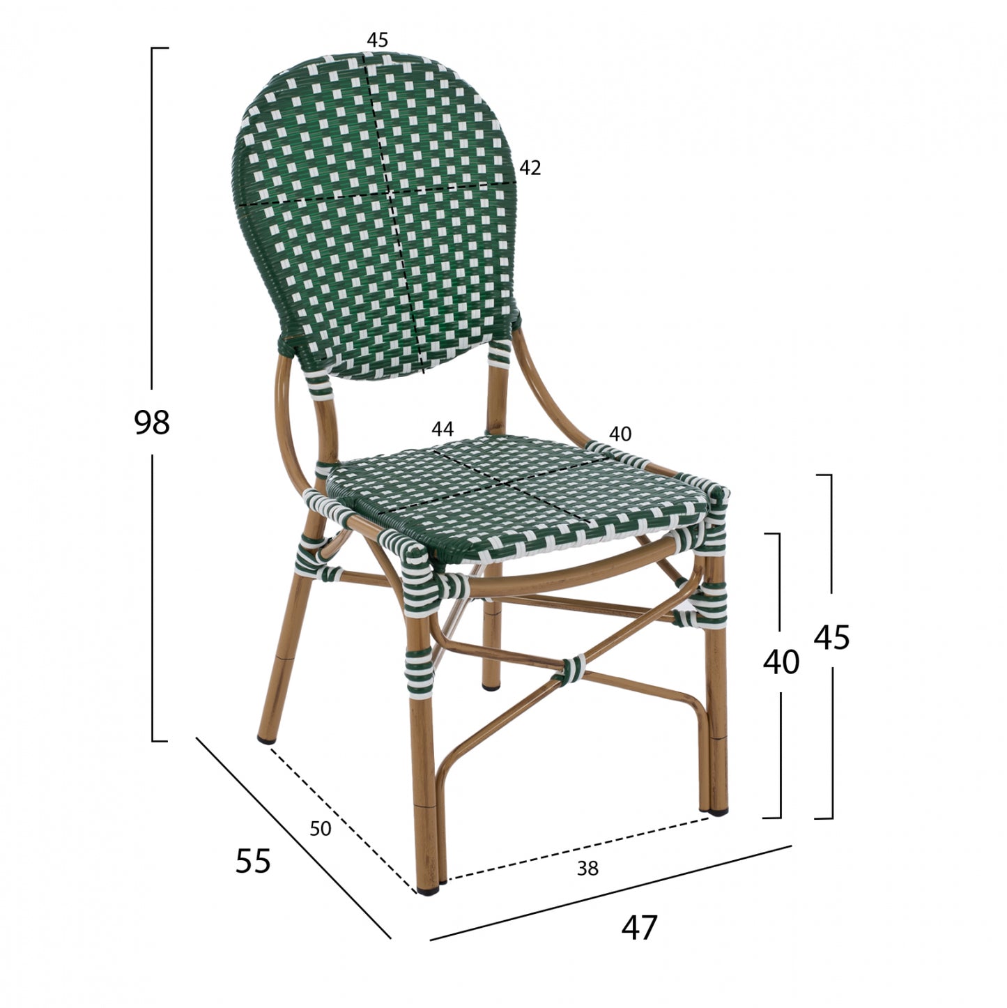 Aluminum Chair Bamboo Look With Wicker Green White Hm5792.01 47x55x98 Cm.