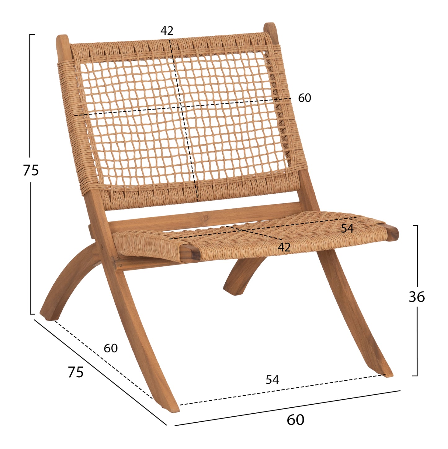 Foldable Lounge Chair Fermo Hm6243.01 Acacia Wood In Natural-synthetic Wicker 60x75x75hcm.