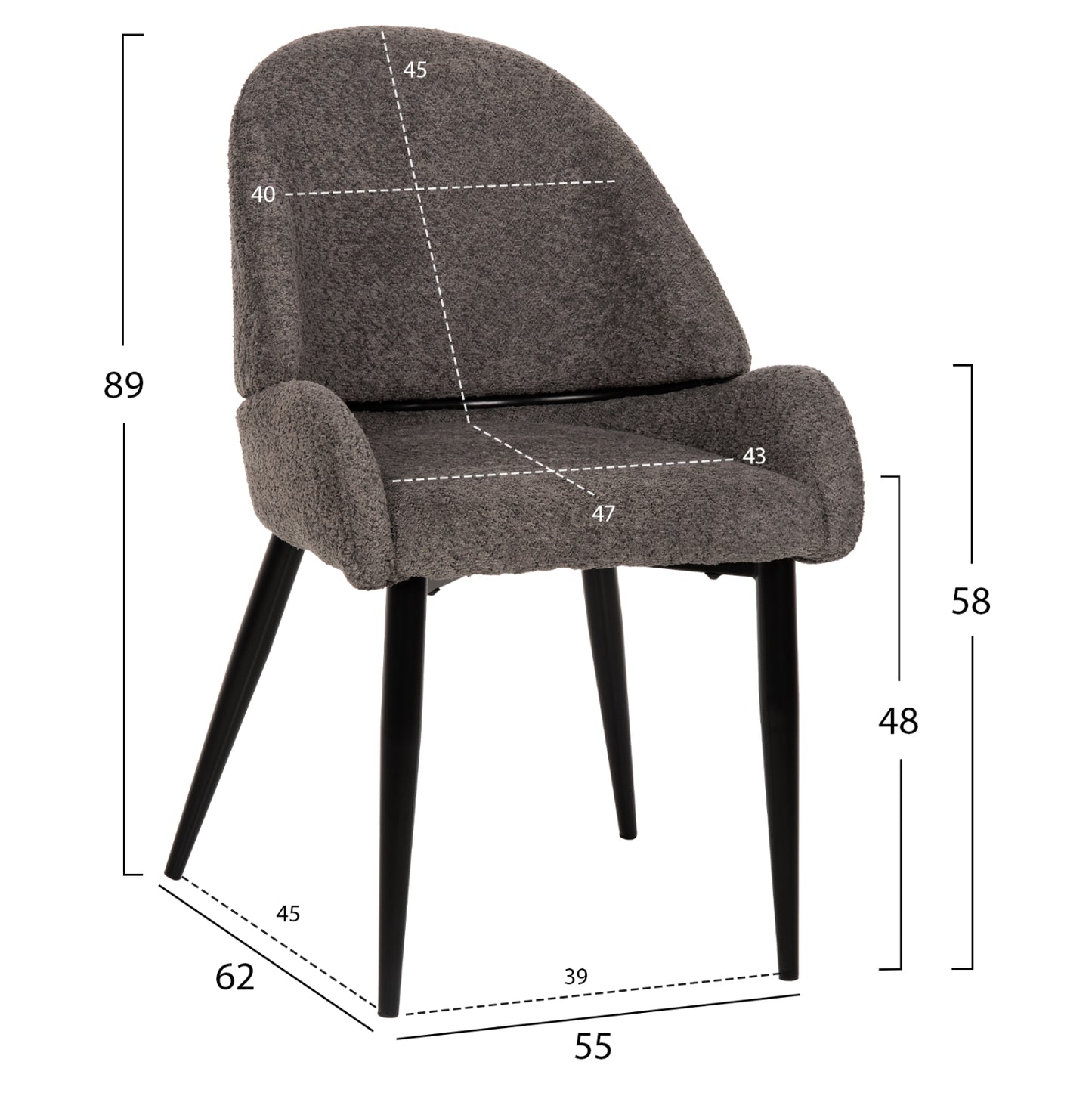 Chair Sarky Hm8585.01 Boucle Grey Fabric-black Metal Legs 55x62x89hcm.