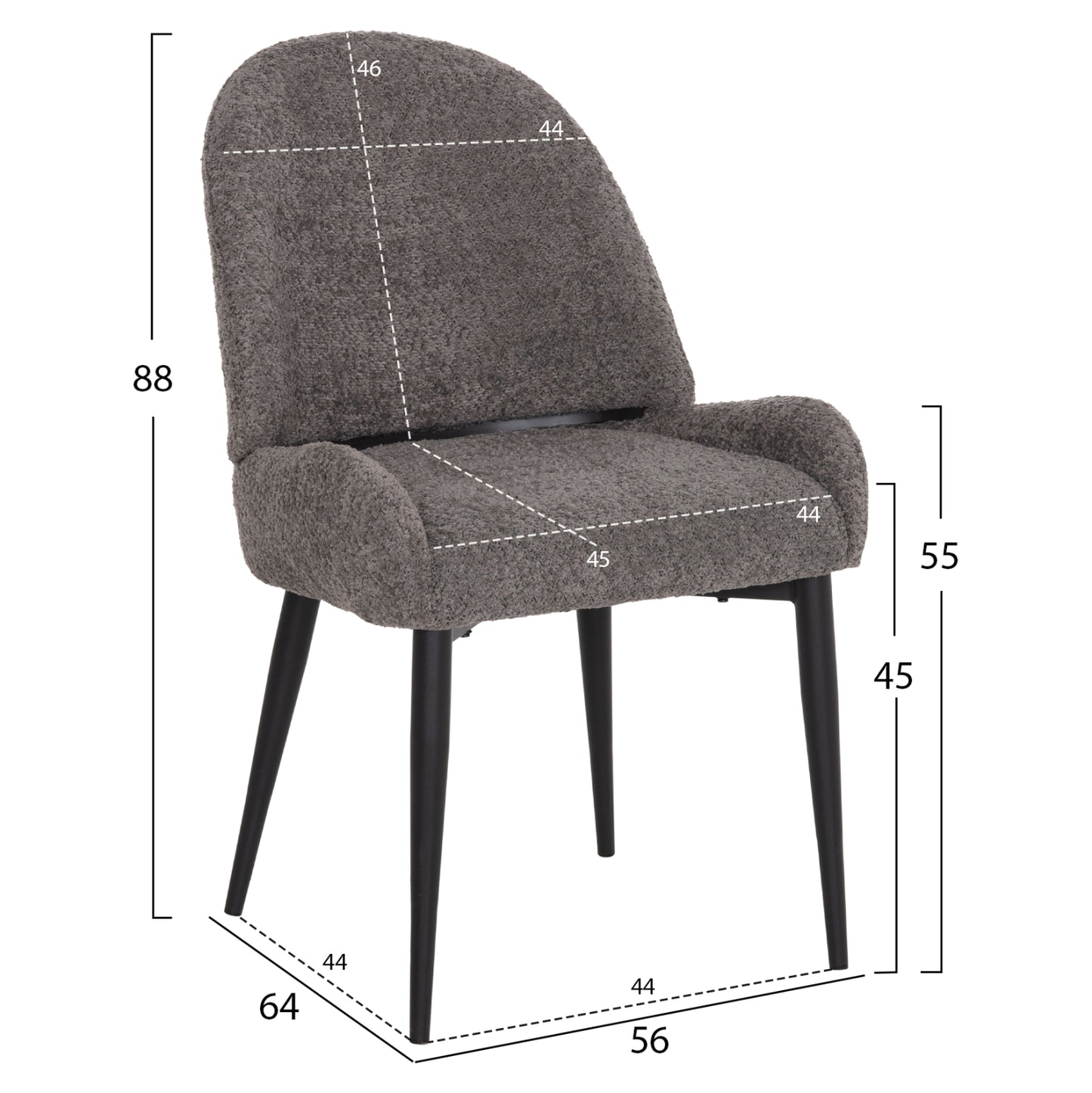 Dining Chair Sarky Hm8585.11 Boucle Grey Fabric-black Metal Legs 56x64x88hcm.