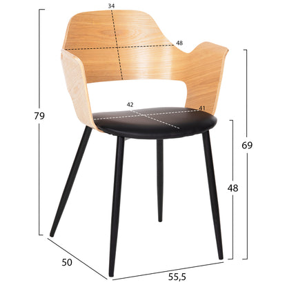 Dining Chair Velp Hm9616.01 Wood In Natural-black Pu-black Metal Legs 55,5x50x79hcm.