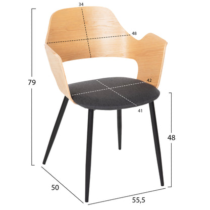Dining Chair Velp Hm9616.02 Wood In Natural-grey Fabric-black Metal Legs 55,5x50x79hcm.