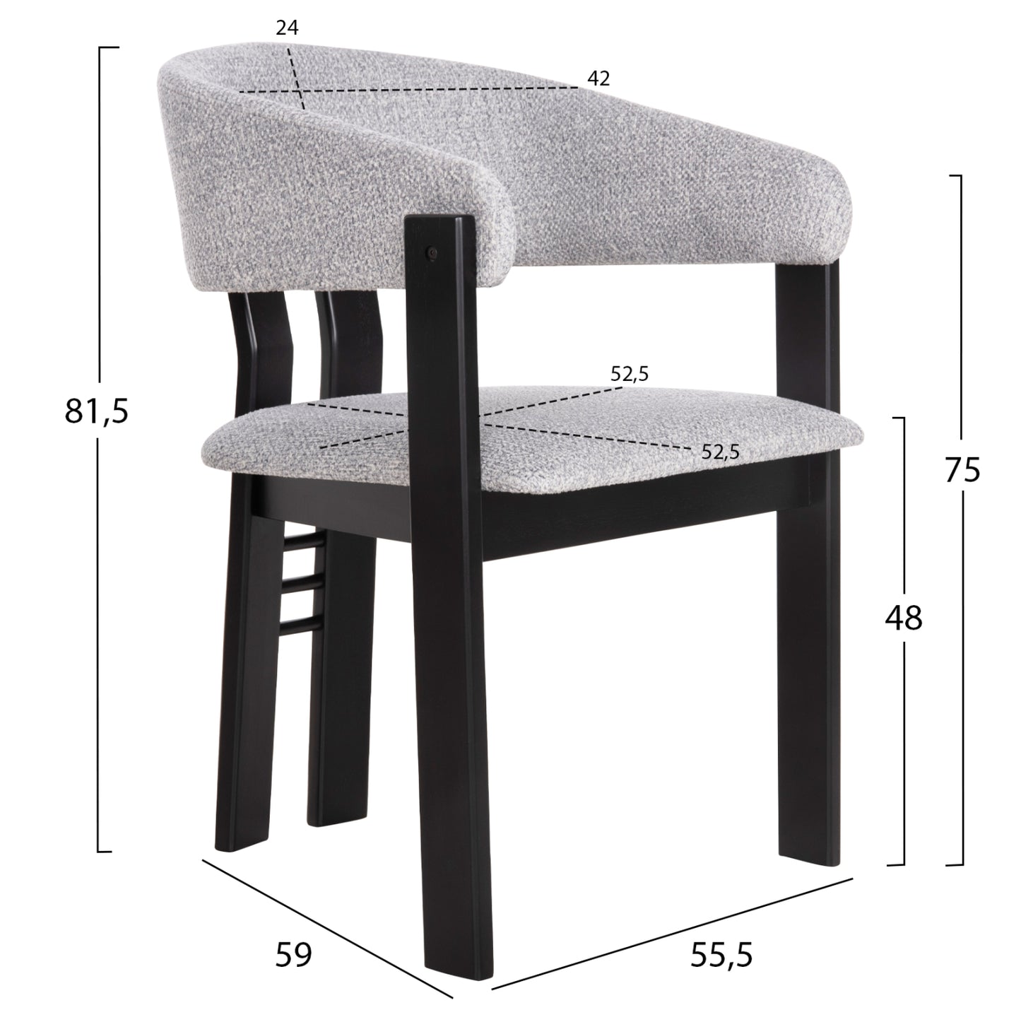 Dining Chair Zarra Hm9970.02 Rubberwood In Black-light Grey Fabric 55,5x59x81,5hcm.