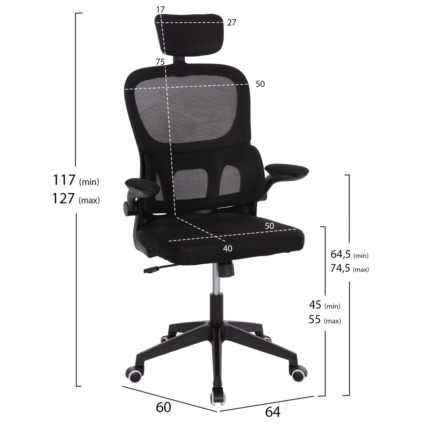 Office Chair Baston Hm18236.01 Black Mesh Fabric & Pp Frame 64x60x117-127hcm.