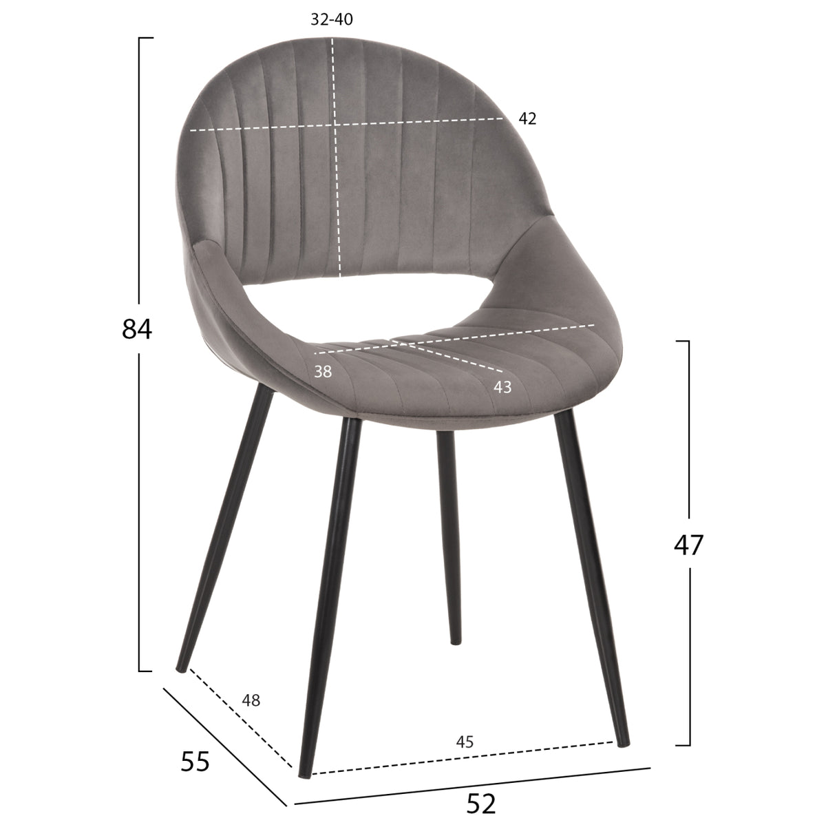 Dining Chair Oden Hm9001.01 Grey Velvet-metal Legs In Black 52x55x84hcm.