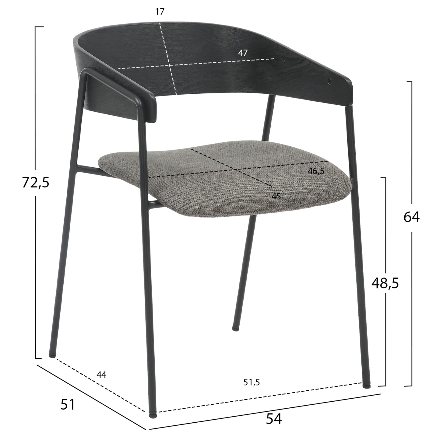 Dining Chair Korin Hm9975.02 Metal & Plywood In Black-grey Fabric 54x51x72,5hcm.