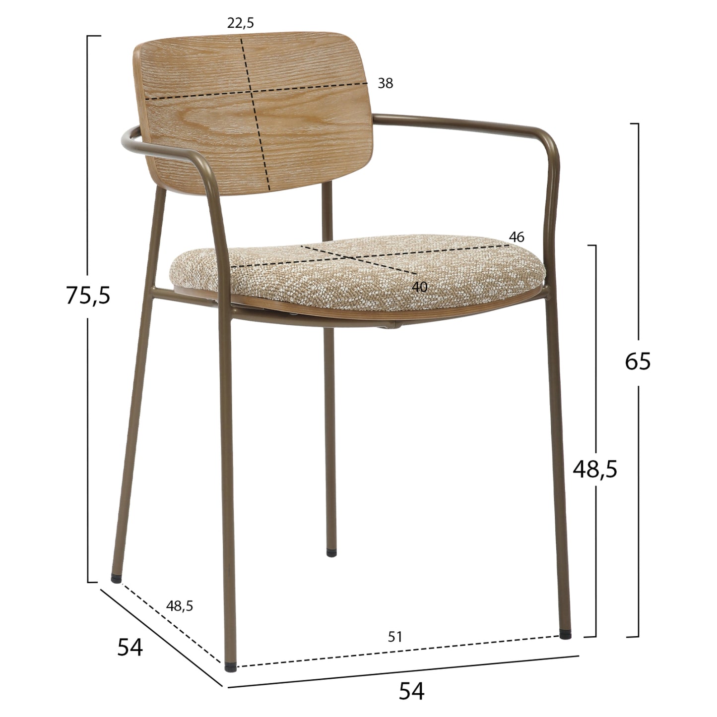 Dining Chair Vikki Hm9980.01 Metal In Antique Copper-white Wash Plywood-beige Fabric 54x54x75,5hcm.