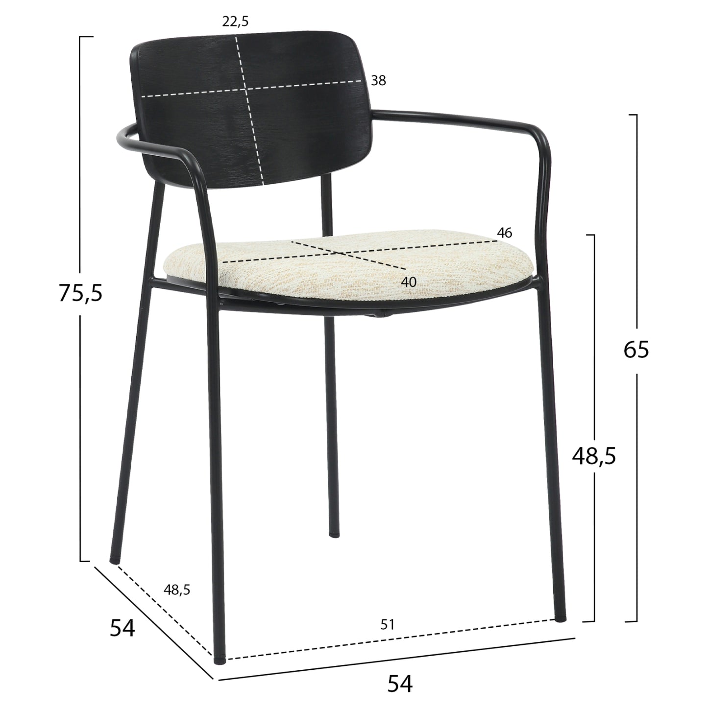 Dining Chair Vikki Hm9980.02 Metal & Plywood In Black-ecru Fabric 54x54x75,5hcm.