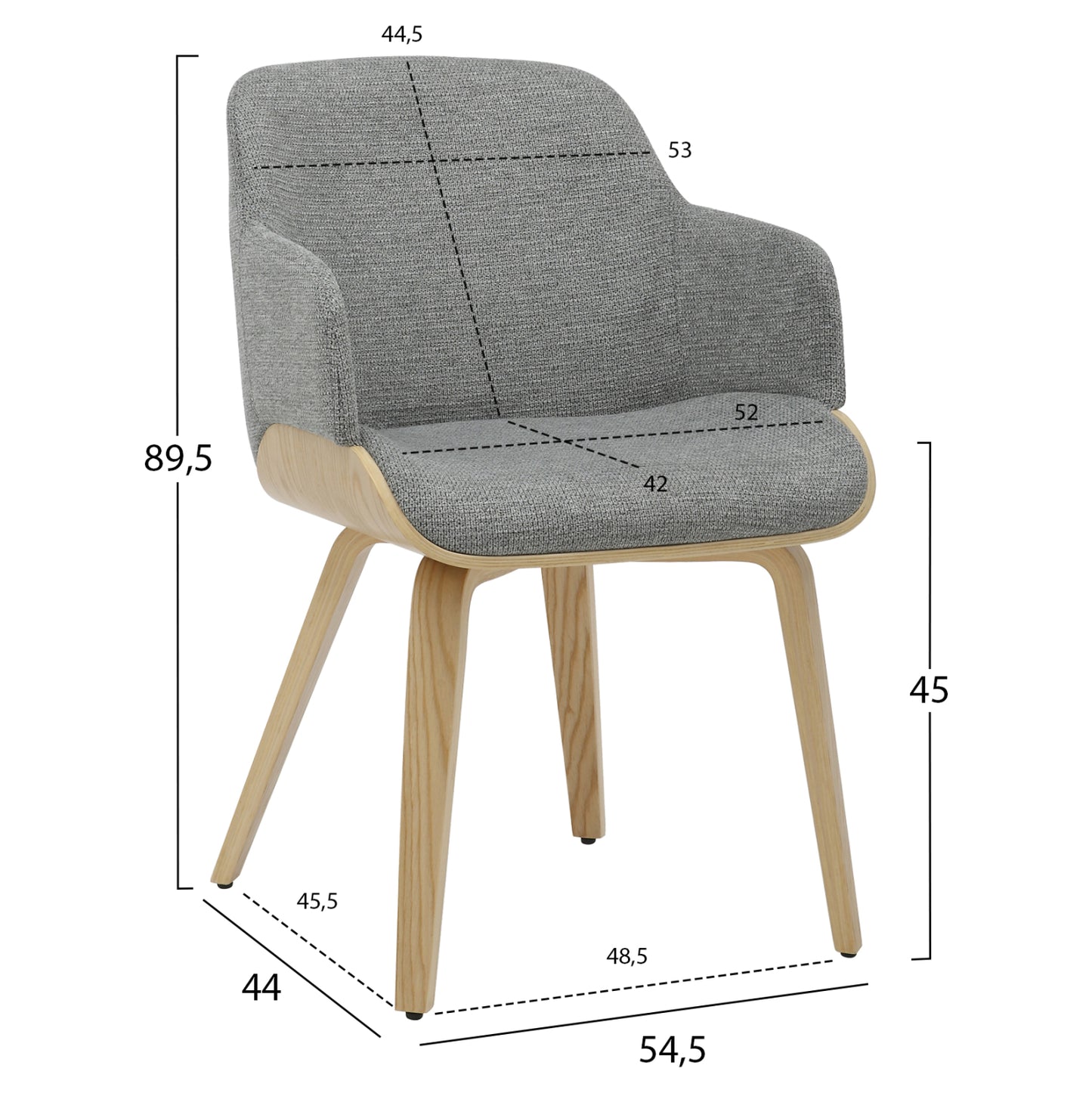 Dining Chair Prieto Hm9989.01 Plywood Frame In Oak-grey Fabric 54,5x44x89,5hcm.