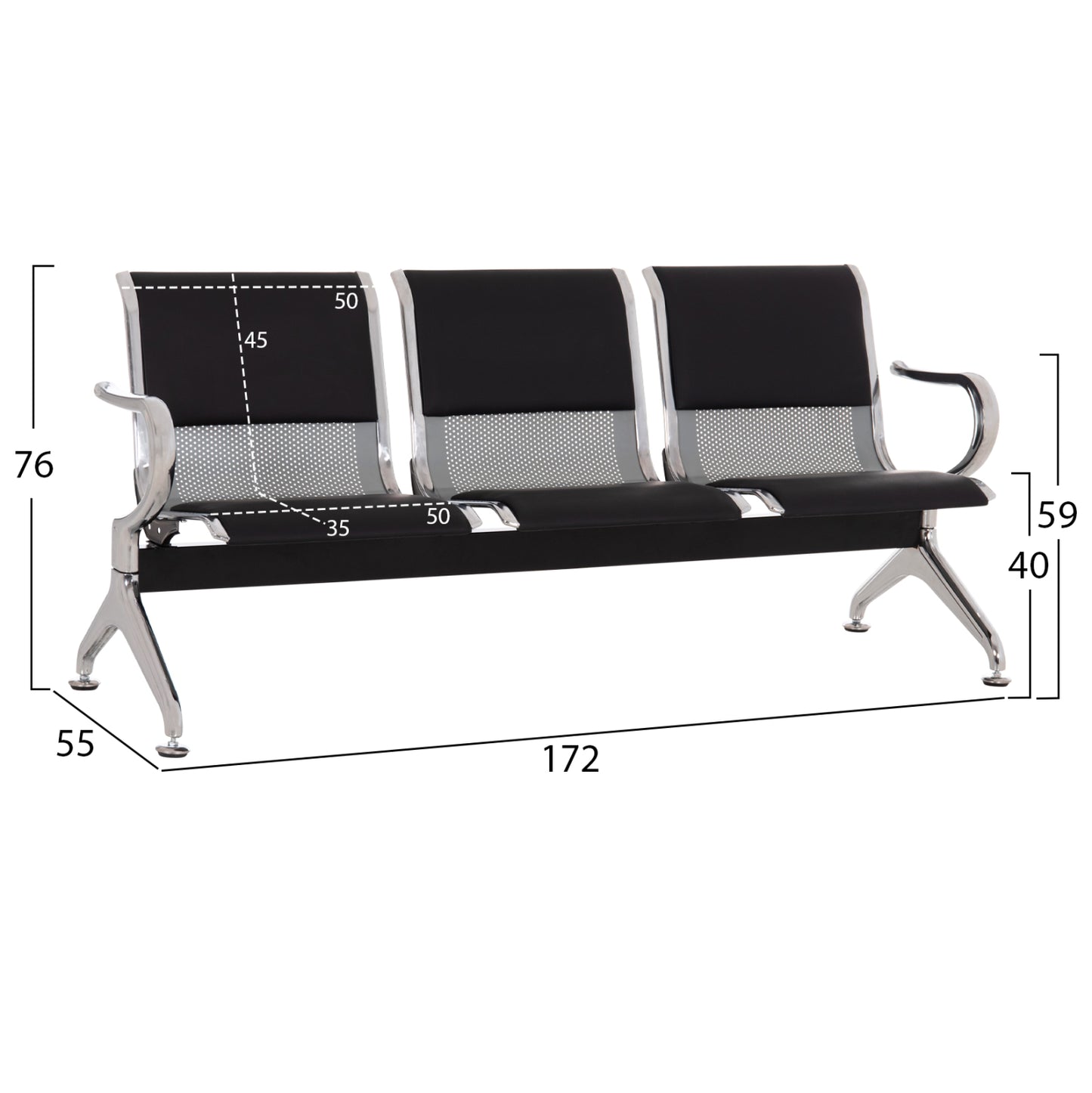Bench 3-seater Airport-type Aviator Hm18400 Metallic With Black Pu 172x55x76hcm.