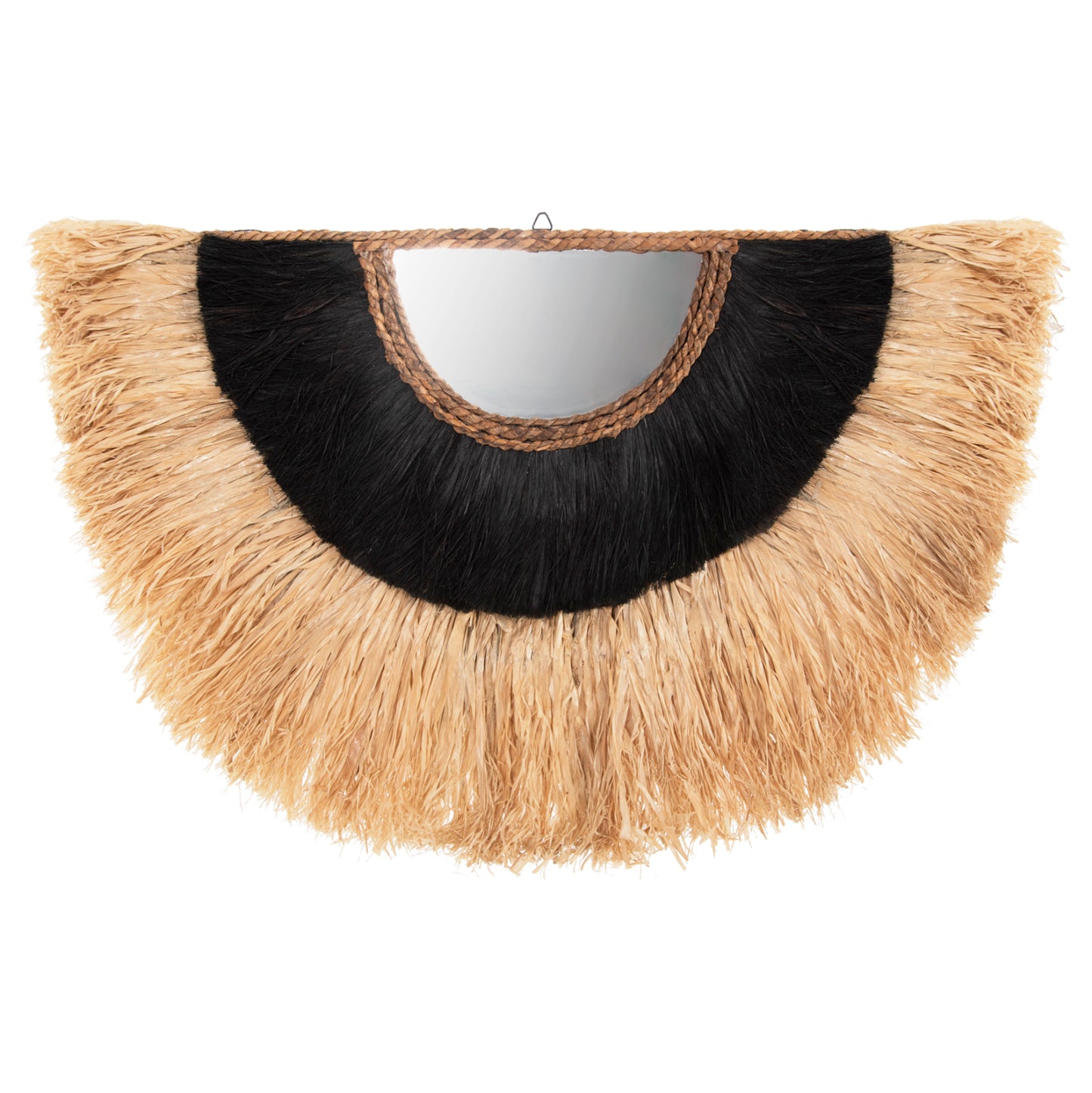 Wall Mirror Semi-circle With Sisal & Abaca Fibers In Natural-black Color 85x3x50hcm.hm7799