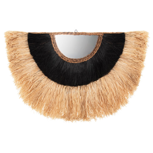 Wall Mirror Semi-circle With Sisal & Abaca Fibers In Natural-black Color 85x3x50hcm.hm7799